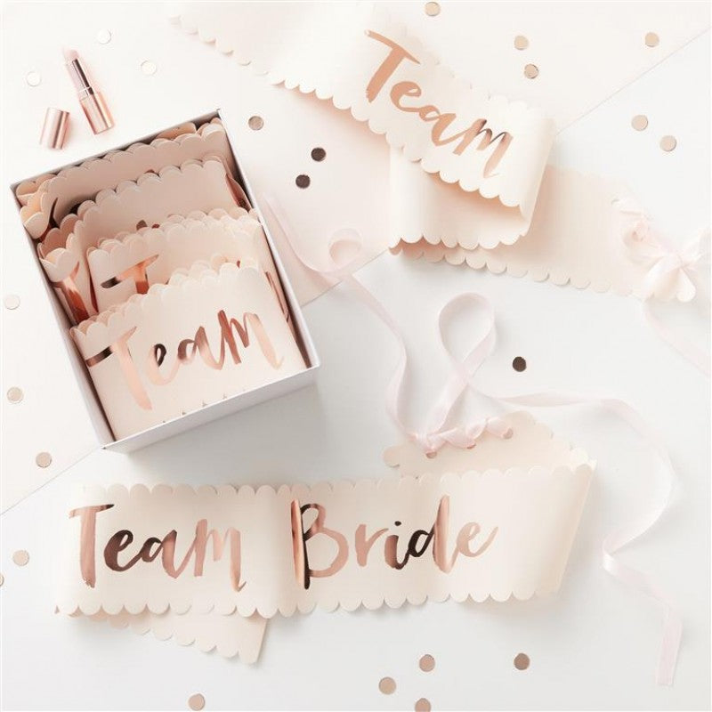 Pink & Rose Gold 'Team Bride' Sashes – 6 Pack | Hen Party Accessories