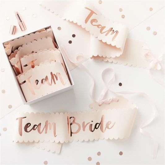 Pink & Rose Gold 'Team Bride' Sashes – 6 Pack | Hen Party Accessories
